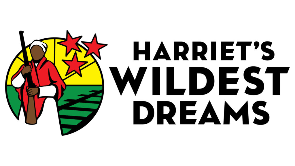 logo for harriet's wildest dreams depicting silhouette of harriet tubman with a shotgun and underground railroad behind her