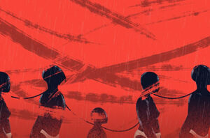 image of people in bondage on a red background with slashes resembling whip marks
