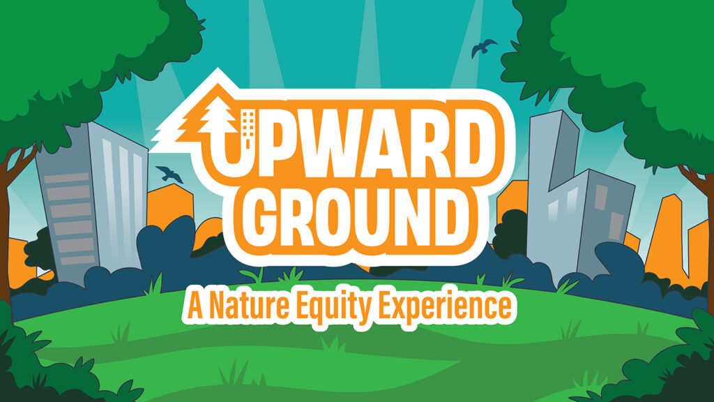 Banner graphic featuring the upward ground logo. tree crowns at the top left and right corners with a city in the background set in front of a gradient turquoise background