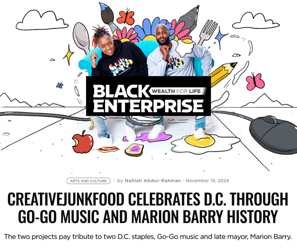 creativejunkfood image of two founders, both african american. one man and one woman. seated with illustrated images